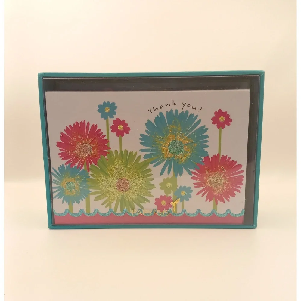 Papyrus Thank You Note Cards Boxed Set 14ct Glitter Floral Scalloped Edge 427080